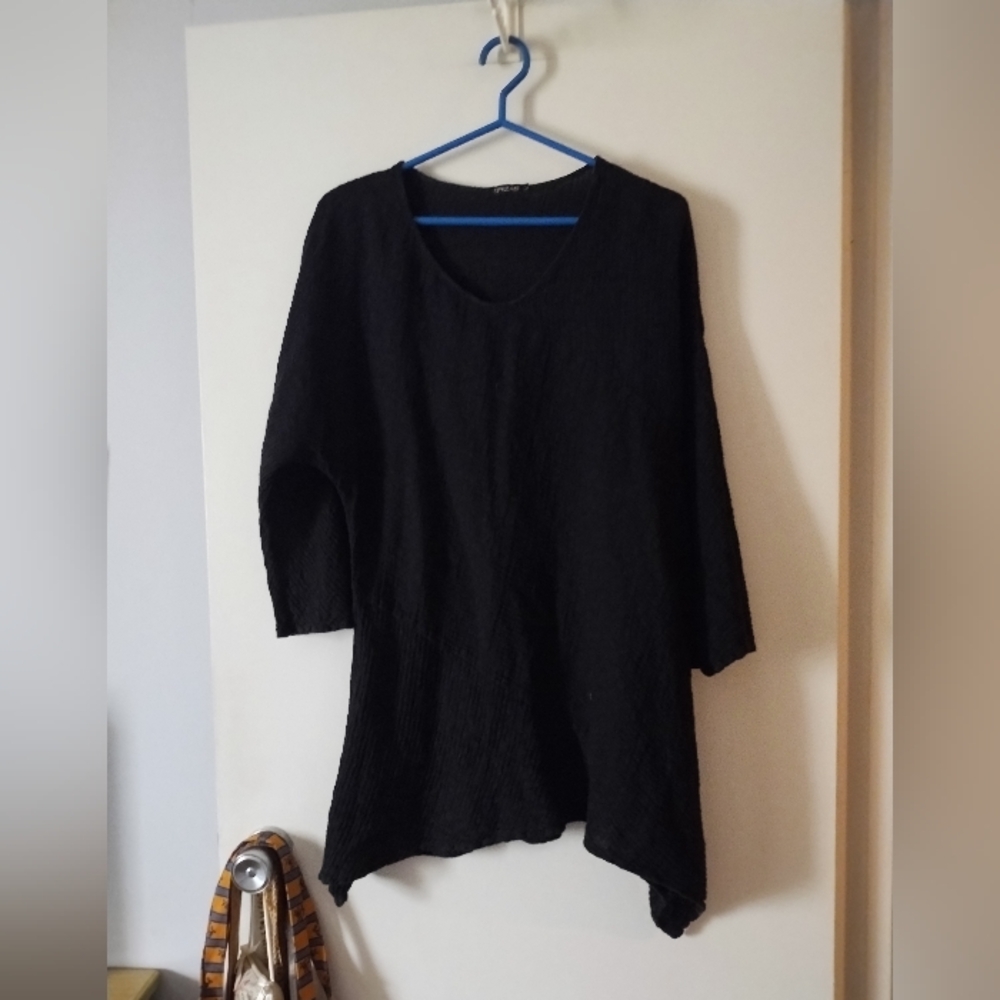 GRIZAS Black Linen + Cotton Asymmetric Tunic L